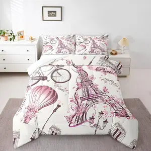 Eiffel Tower Couple Comforter Set,- Pink Floral Decor Down Comforter,Romantic Theme Decor Quilted Duvet,Paris Cityscape Printed Stylish Simple Bedding