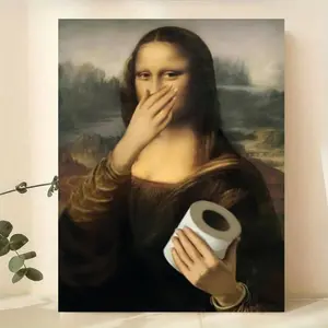 [2D FLAT]1 Piece  Canvas Print - Mona Lisa Holding Toilet Paper, Amusing Smiling Character Art Print, Modern Living Room, Home, Dorm Wall Decor or Halloween Gift Idea.