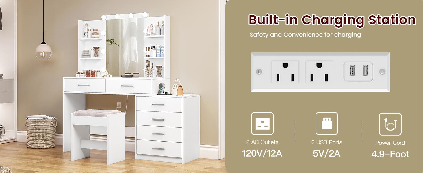 Modern White LED Lighted Vanity Desk - Makeup Dressing Desk with Mirror, Elegant Indoor Furniture with Spacious Storage for Bedroom Organization