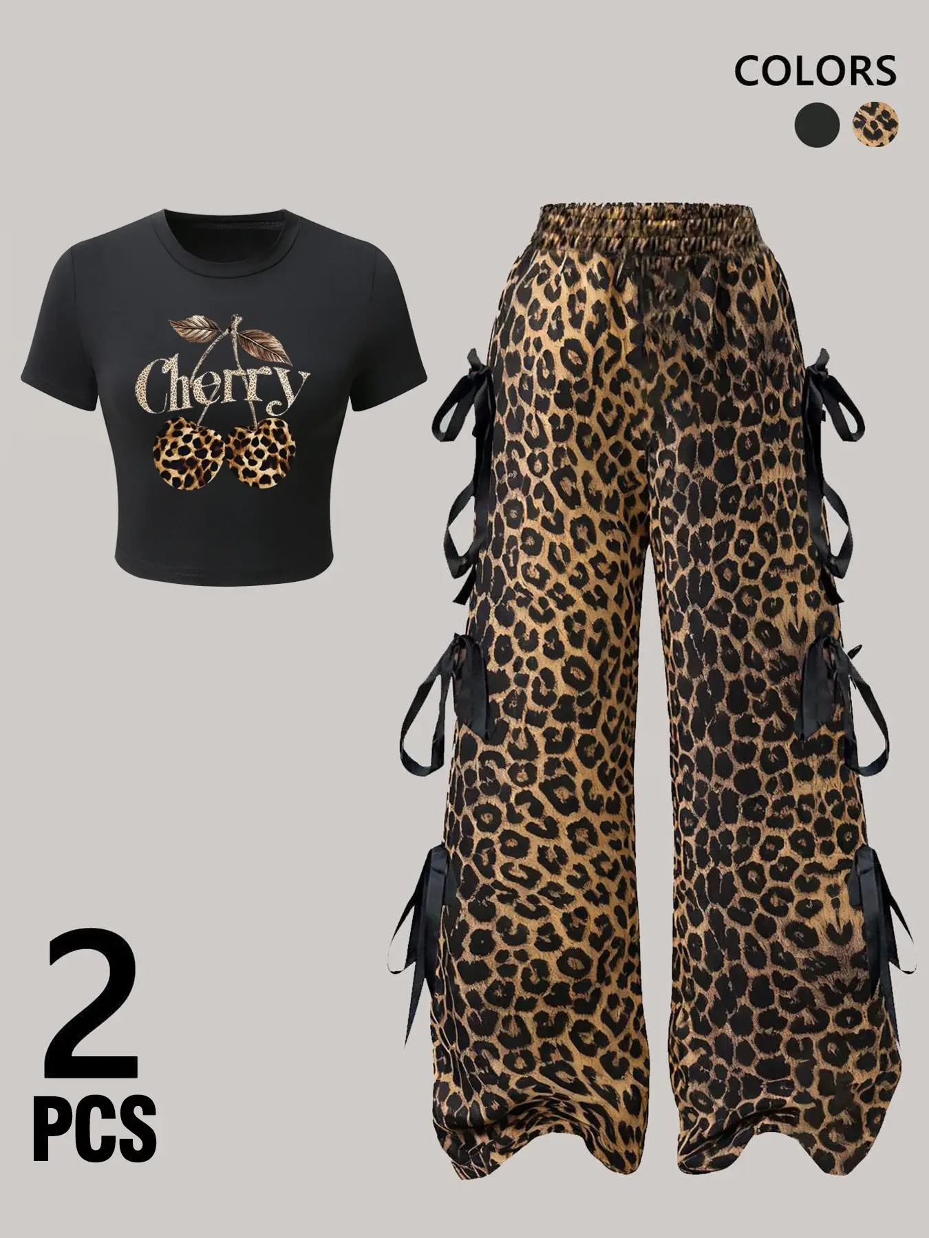 TikTok Hot Selling 2-Piece Leopard Cherry Womenswear Set Y2K Style Round Neck Crop Top with Bow Wide-Leg Pants | Women's Trendy Streetwear | Perfect for Casual & Party | Available in Leopard | Summer Outfit Set, Cropped Top Set, Printed Pants Set
