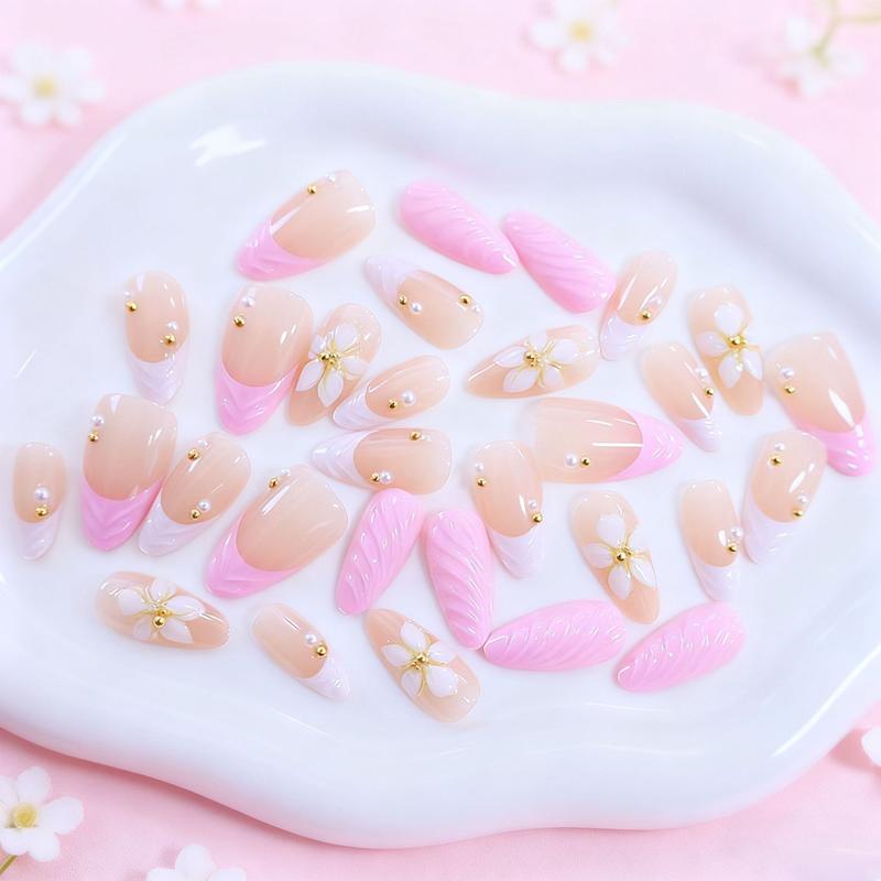 3D Pink Almond Press On Nails | Medium French Tip Fake Nails w/ Embossed Flower & Gold Bead Designs | Glossy Finish  False Nails (30Pcs, Multi Sizes) - Manicure Kit w/ Glue Tabs Luxury Reusable