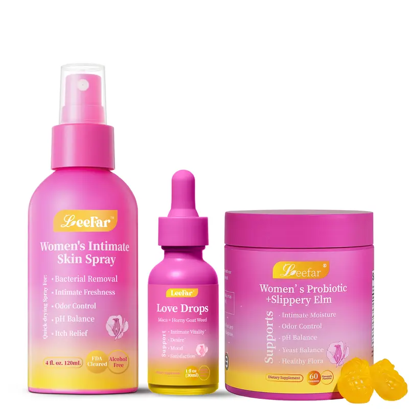 Leefar Her Trio - Her Fresh Intimate Skin Spray + Her Juicy Women’s Probiotics+Her Love Love Drops Bundle