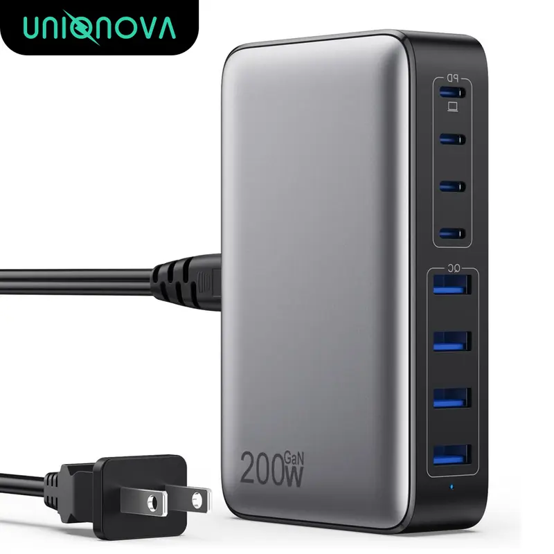 UNIQNOVA 200W GaN III 8-Port Fast Charging Station Hub USB C Charger Block Upgraded PD 65W Laptop Adapter for MacBook Pro/Air Dell iPhone 17/16/15/14 Galaxy S23/22 Android Pixel