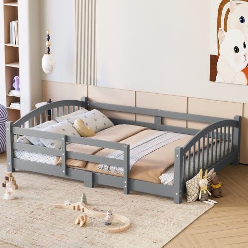 [Bellemave]Twin/Full Montessori Floor Bed with Slats and Safety Guardrails, Solid Wood Floor Bed with Fence and Without Door, Easy Assemble Montessori Bed for Girls and Boys,