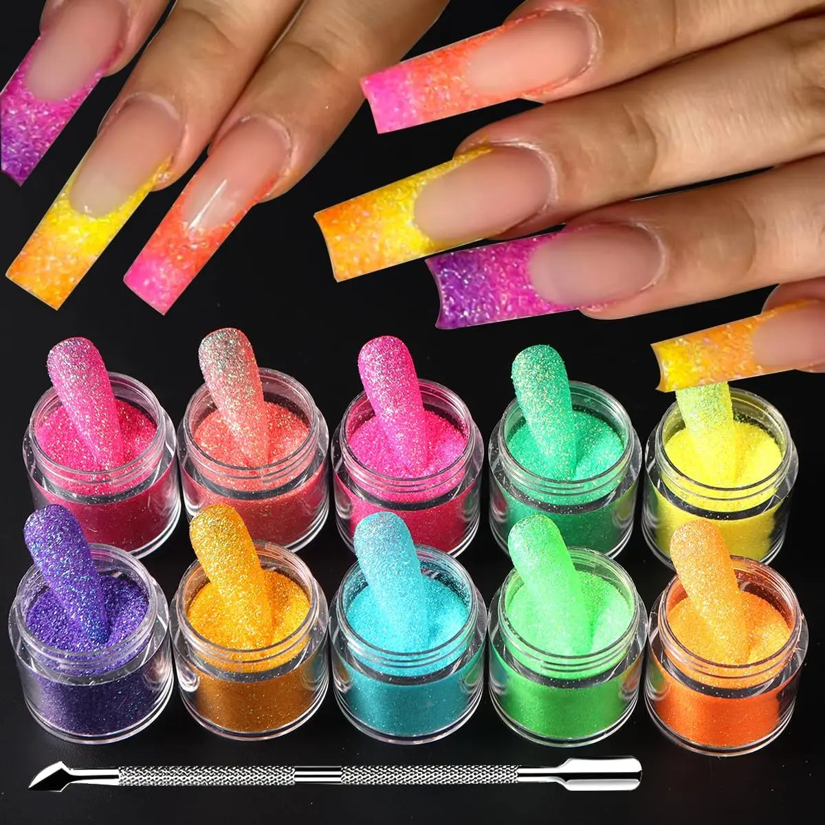 Fluorescent Glitter Powder Kit (10 Colors) with Cuticle Pusher - Glamorous Fine Powder for Easy Nail Art, Nail Tech Use & Home Decoration, Sugar, Nail Supplies, Body Glitter