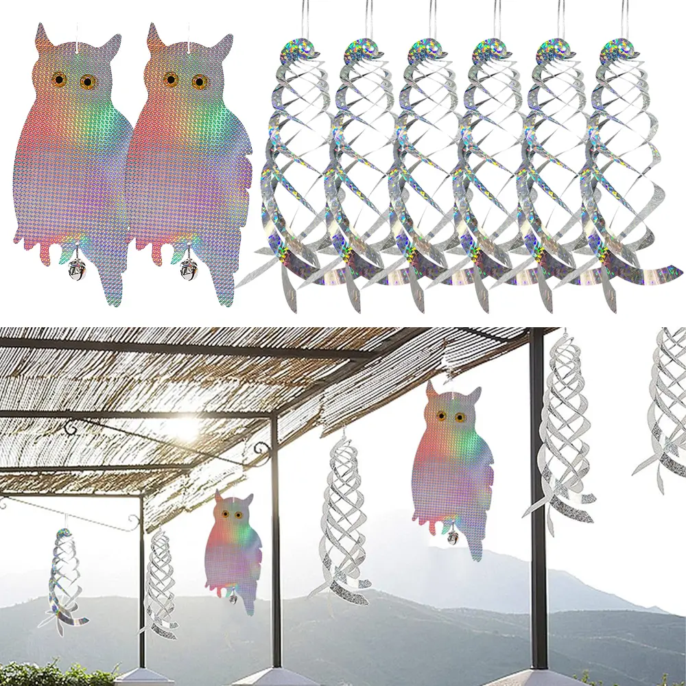 HOMEYA Outdoor Bird Deterrent Reflective Set - 2/4 Packs Realistic Eyes Scare Owls with Sound Bells, 6 Packs Double-Sided Reflective Spirals for Sunlight Flash, Easy-to-Hang for Garden, Windows