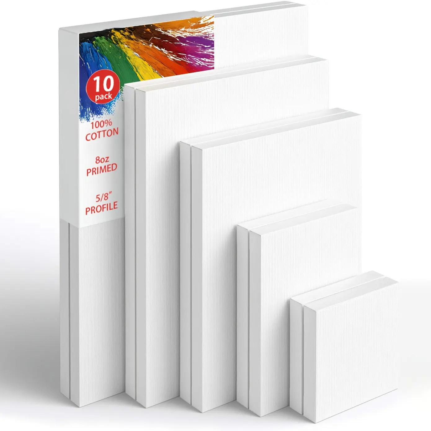 10-Piece Primed White 100% Cotton Stretch Canvas Set - Assorted Sizes (11x14, 9x12, 8x10, 5x7, 4x4) Art Supplies Kit, Art Materials for Painting, Acrylic Pouring, Oil Painting Wet & Dry Mediums Artist Bundle Art Color Set