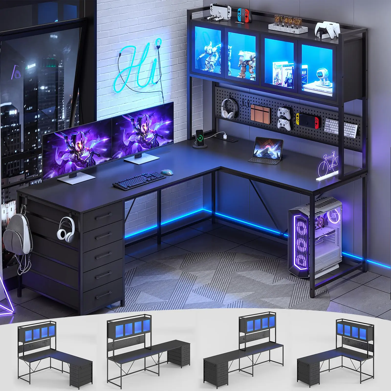 Sikaic L Shaped Gaming Desk with Drawers, L Shaped Computer Desk with Hutch and Storage Shelves, Gaming Desk with Pegboard, LED Lights, and Power Outlet, Home Office Desk, Corner Desk, Home Furniture, Dorm Essentials [tiktokshopbacktoschool]