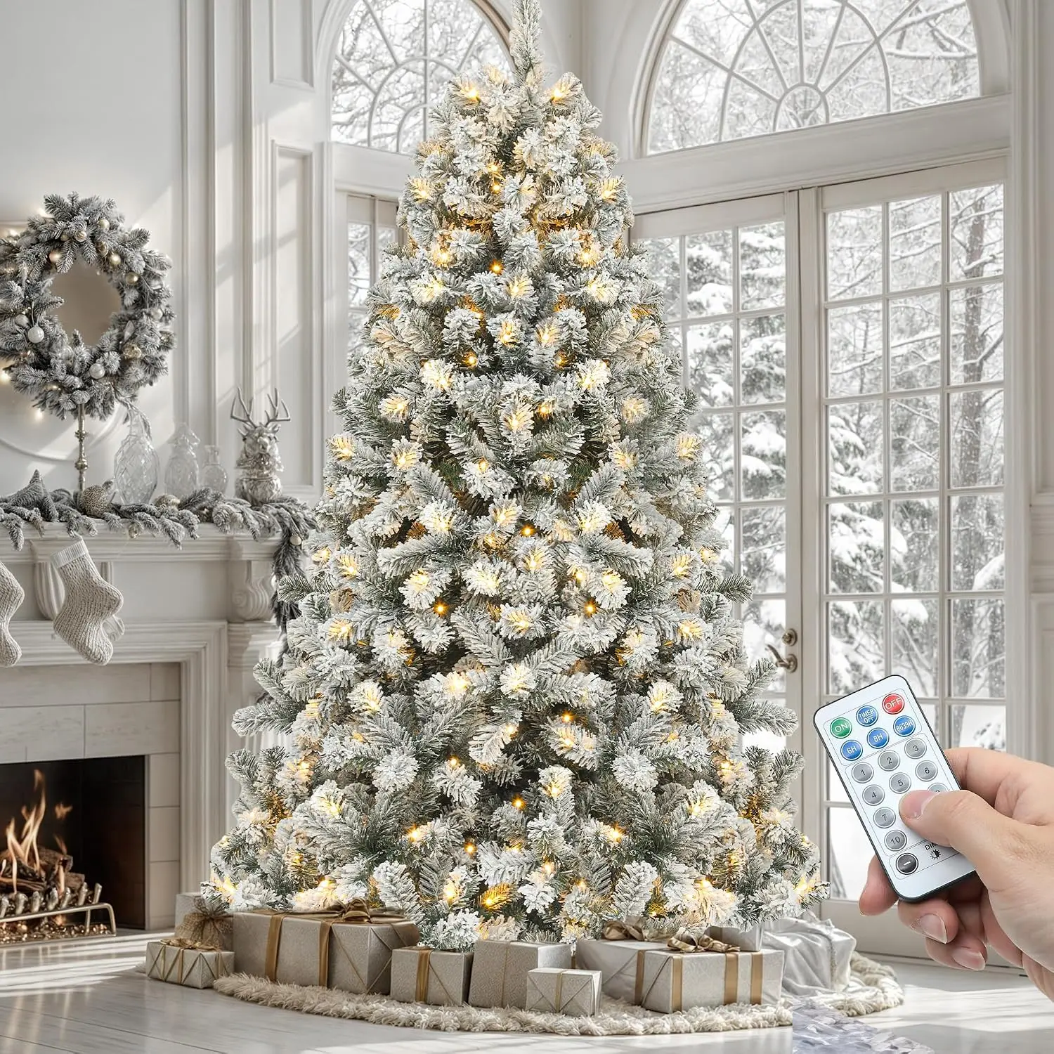 YITAHOME 6/7.5/9 ft Snow Flocked Prelit Artificial Christmas Tree, with 3 Lighting Colors, 11 Lighting Modes, PVC Branch Tips