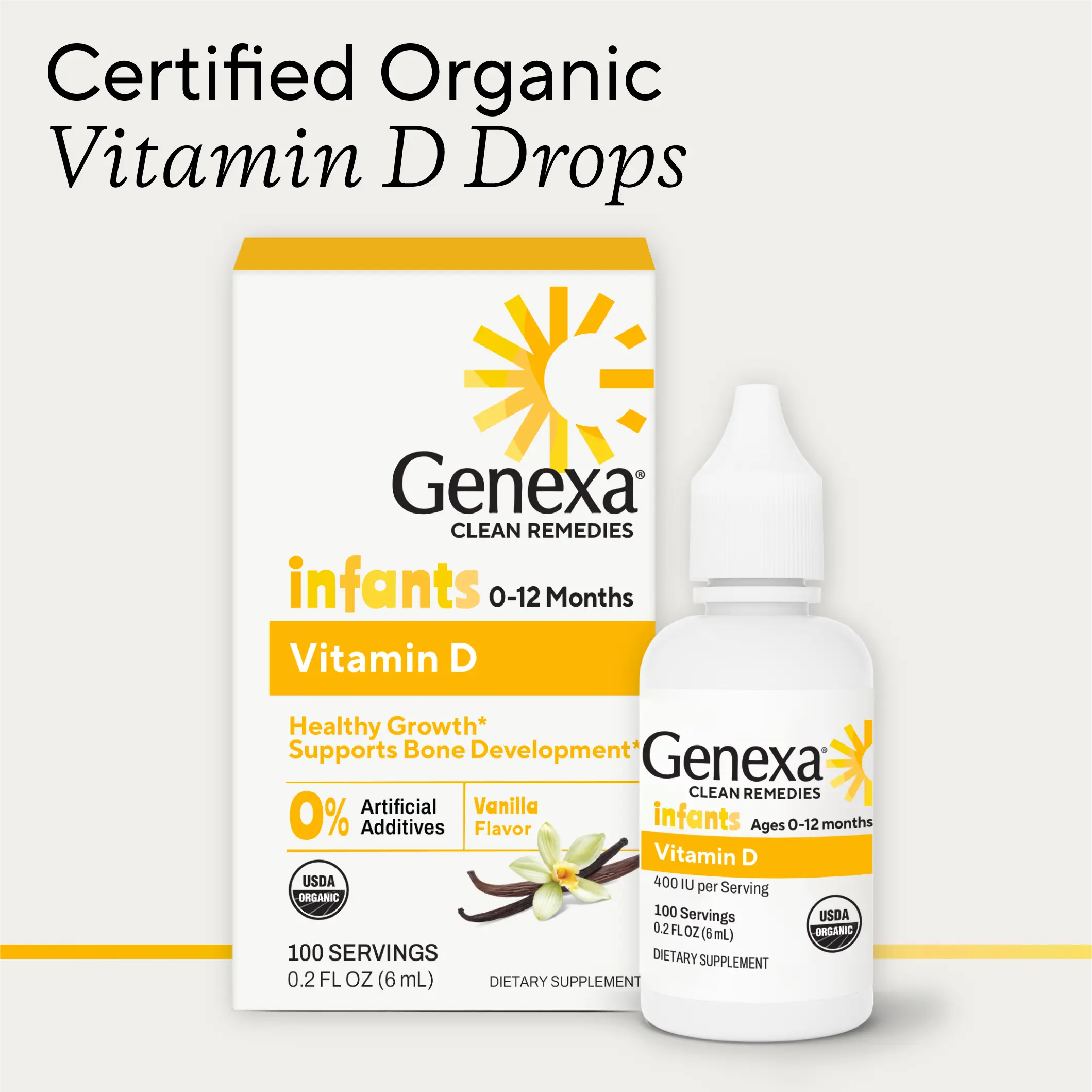 Genexa Vitamin D Drops for Infants & Newborn, Made Clean | 100 Servings | Dye Free, 0% Artificial Additives | Organic, Gluten Free & Non-GMO | Supports Growth & Bone Development in Babies & Toddlers | Organic Vanilla Flavor