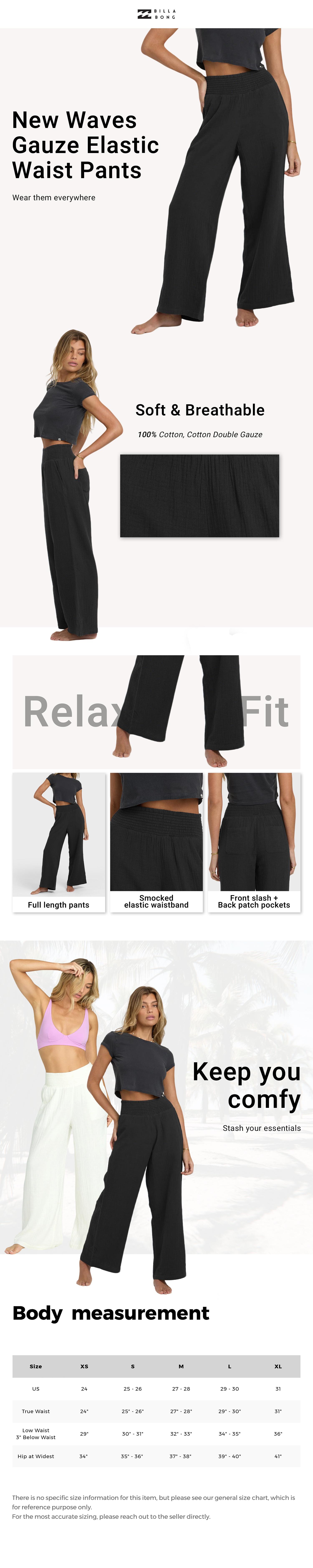 BILLABONG New Waves Gauze Elastic Waist Pants,100% cotton,Relaxed fit,Smocked elastic waistband