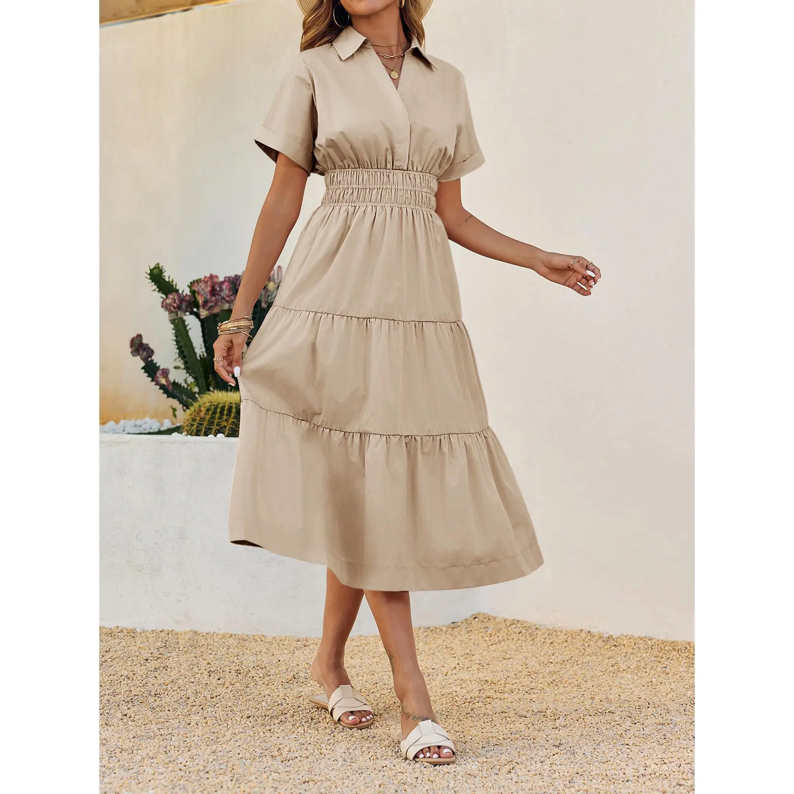 Wenrine Women's Summer Short Sleeve Maxi Dresses Casual V Neck Smocked  Loose Tiered Flowy Shirt Dress with Pockets - TikTok Shop