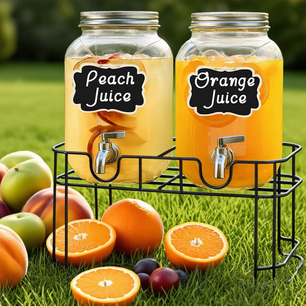 2-Pack 1 Gal Glass Drink Dispenser with Stainless Steel Tap & Stand, Chalkboard Labels, Cold Beverage Holder for Water Juice Punch Lemonade (Cup Not Included) for Brunches, Birthdays, Backyard BBQs & All Occasions
