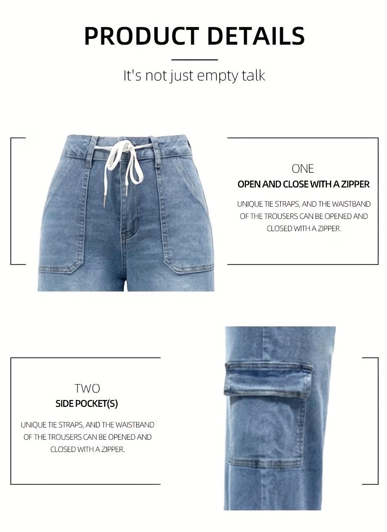 2026 New Style Women'S Leisure Straight-leg Jeans With Laces And Multiple Pockets.Casual Fashion Denim Fabric Sweatpants Jeans Fit Womenswear