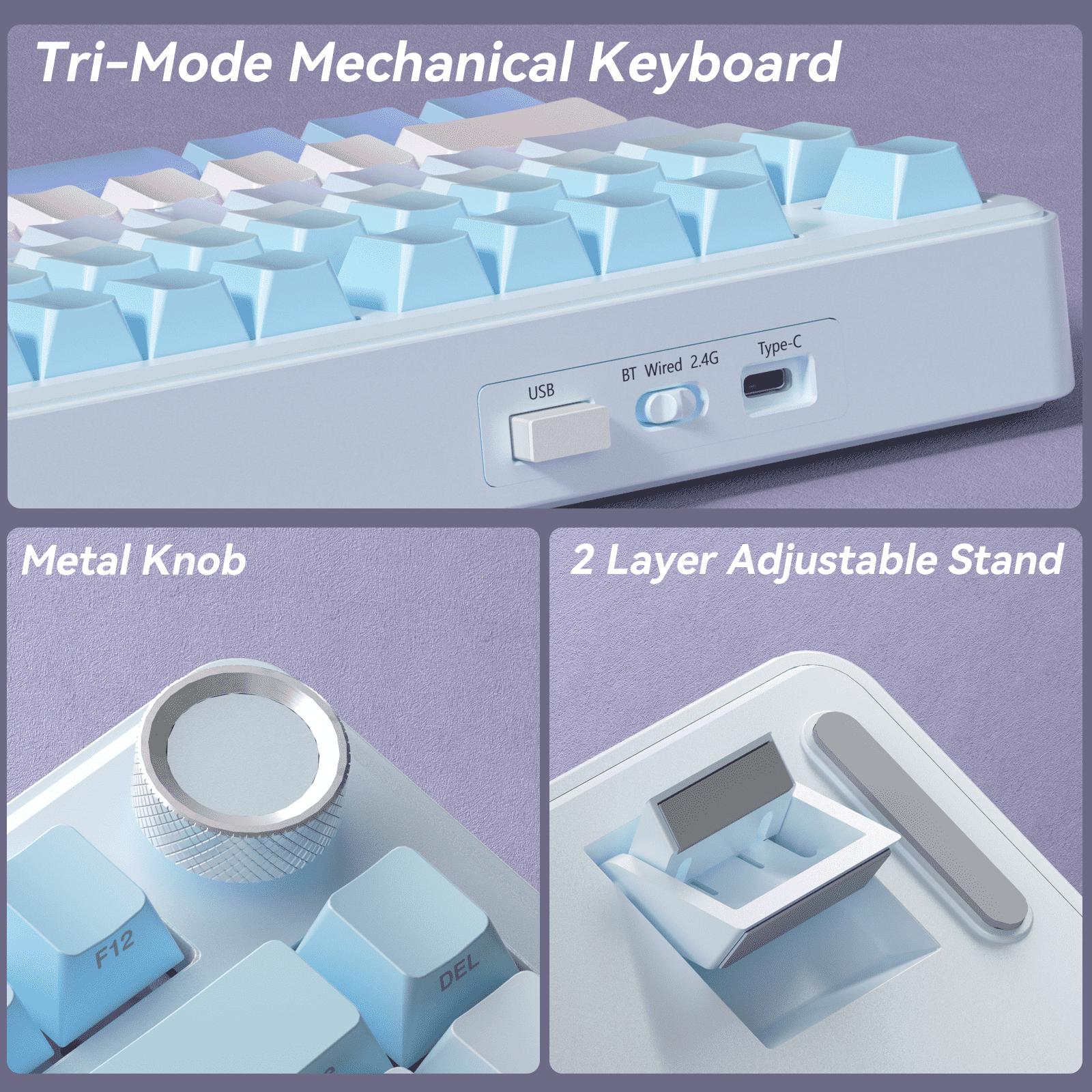 SOLAKAKA A75 Wireless 75% Mechanical Keyboard features hot-swappable keys, RGB lighting, a multi-function knob, sealed keys, PBT keycaps, and a creamykeyboard design. It is suitable for PC/Mac.