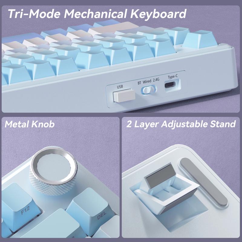 SOLAKAKA A75 Wireless 75% Mechanical Keyboard features hot-swappable keys, RGB lighting, a multi-function knob, sealed keys, PBT keycaps, and a creamykeyboard design. It is suitable for PC/Mac.