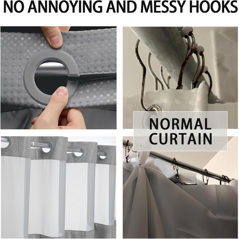 White No Hook Shower Curtain with Snap in Liner -grey Waffle-Pattern Shower Curtain Double Layer Shower Curtain -Fabric Waterproof Inner Liner,Bathroom Accessory for Home, Hotel, Salon & Dormitory Decor