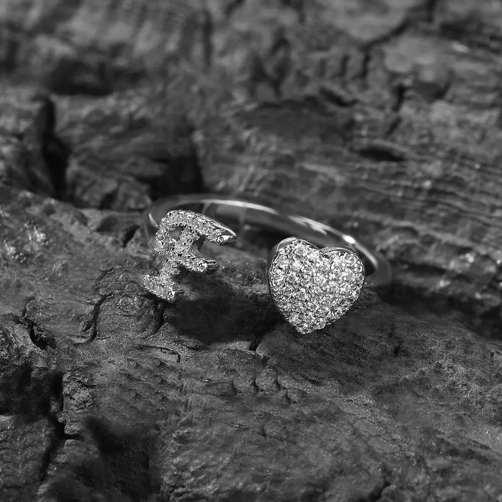 Initial Rings for Women Girls - Adjustable Letter A-Z Initial Ring Dainty Heart Zirconia Rings for Women Teen Girl Gifts