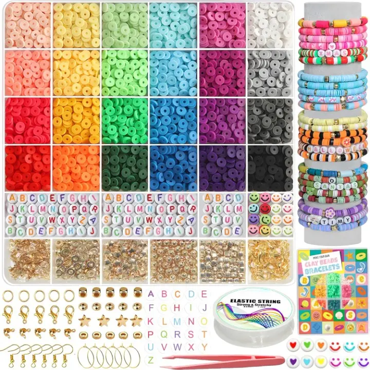 6000 PCS Clay Beads Bracelet Making Kit,24 Color DIY Flat Preppy Beads for Friendship Jewelry Making,Polymer Heishi Beads with Charms Gifts for Teen Girls Crafts for Ages 4-12