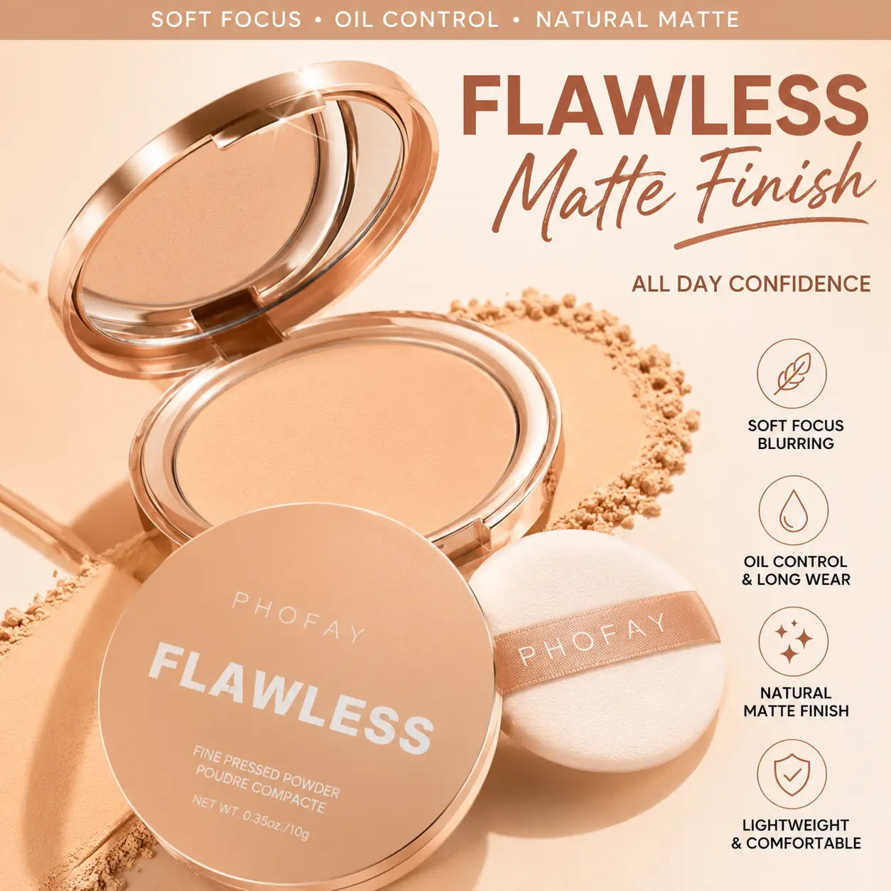 PHOFAY Flawless Blur Pressed Powder – Oil Control Matte Setting Powder, Soft Focus Finish, Long-Lasting Touch-Up Compact