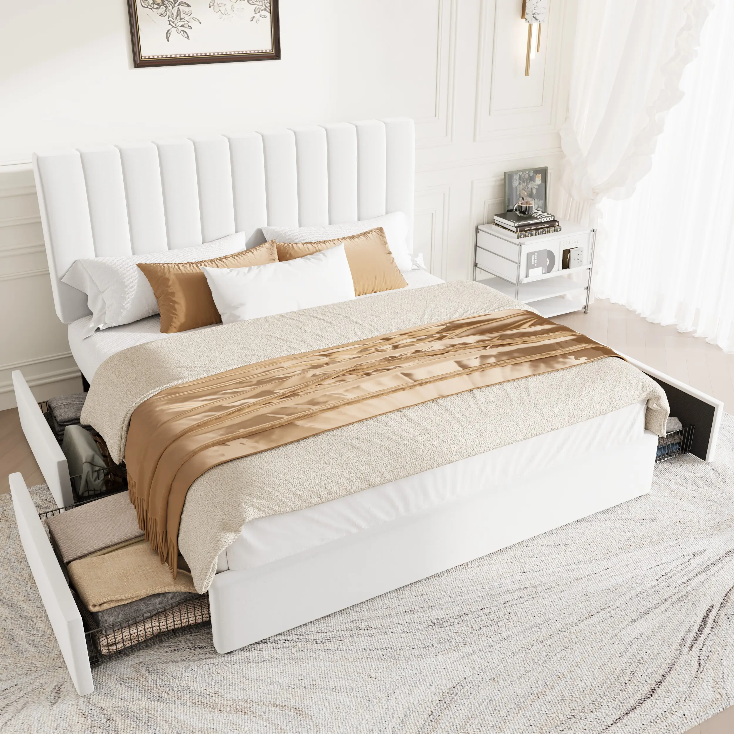 HOOMIC Platform Bed Frame with 4 Storage Drawers and Upholstered Headboard,Modern Bed with Horizontal/Vertical Stripes,No Box Spring Needed,Full/Queen/King Size,White/Grey/Black,#TikTokShopDealsforYouDays#DealsforYouDays#Summervibes#Summergarden