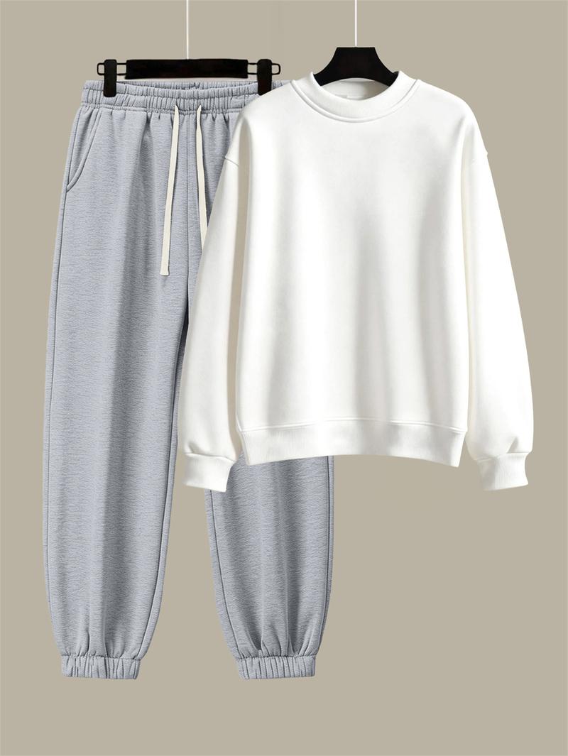 Men's Cotton Solid Color Casual Tracksuit Set Loose Fit Crew Neck Sweatshirt with Matching Jogger Pants for Fall Winter Comfortable Menswear Outfit for Outdoor Activities Sporty Commute Fitness and Relaxed Everyday Wear