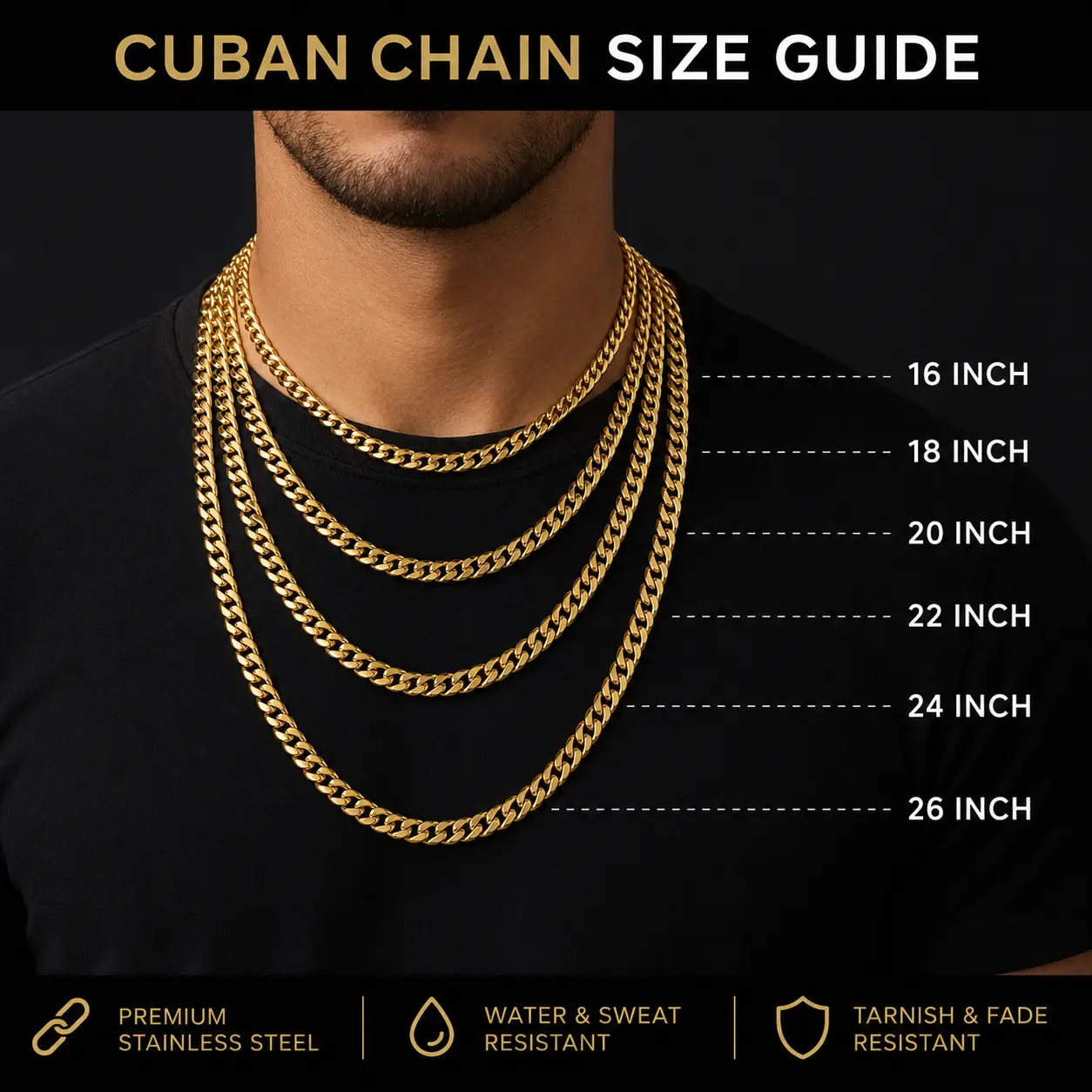 18K Gold Plated Cuban Link Chain Necklace | Stainless Steel | 16"-26" | Tarnish Resistant | Men’s Chain