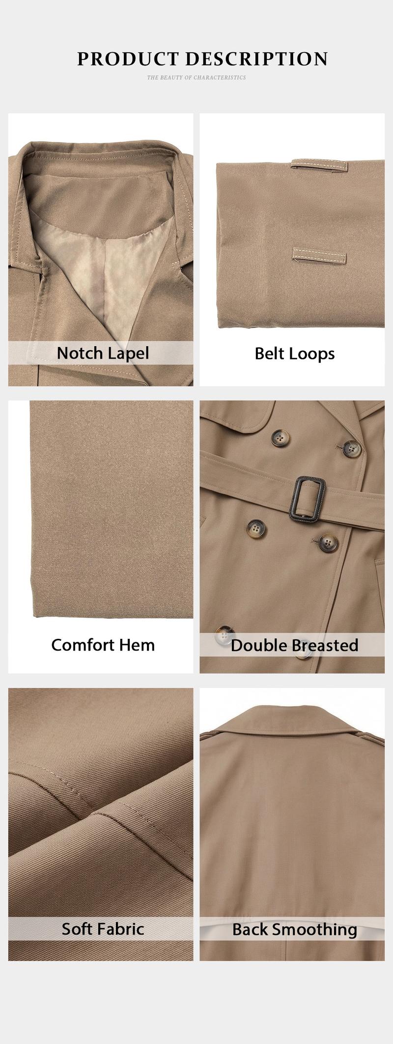 KatchMe Women's Versatile Solid Color Notch Lapel Double Breasted Detachable Belt Trench Coat, Fall & Winter Wrap Tie Waist Outerwear Jacket, Mid-Length Trench Coat