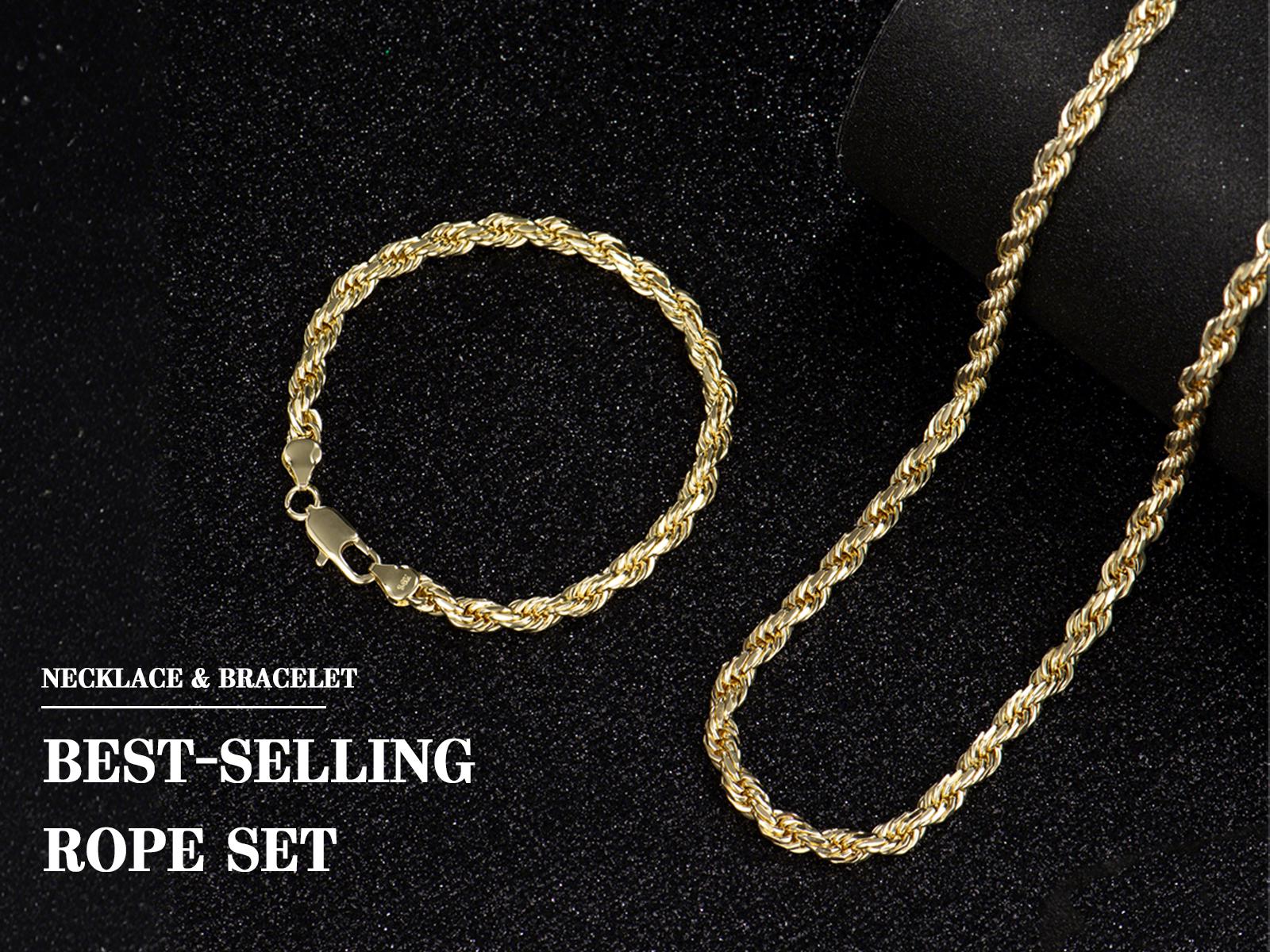 Holylegend 14K Gold-Plated Rope, Cuban, Figaro Set, 24"  Length, Necklaces & Bracelet,Cuban link chain