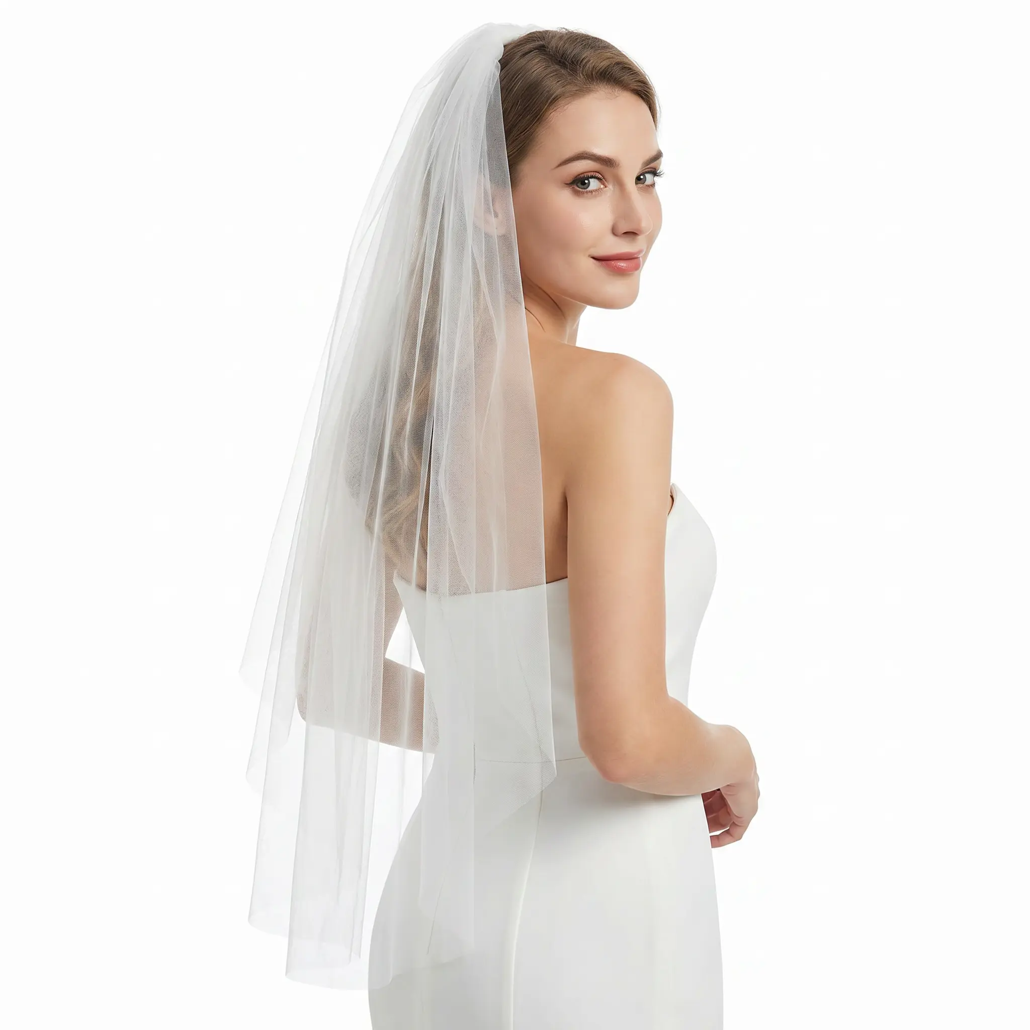 WYMLAMNZ Solid Ivory Swiss Tulle Bridal Veil, Lightweight 1-Tier Veil with Comb for Brides, Suitable for Church, Beach Weddings (4 Lengths Available), Outdoors, Comb Attachment, Plain, Ceremony, Four Lengths