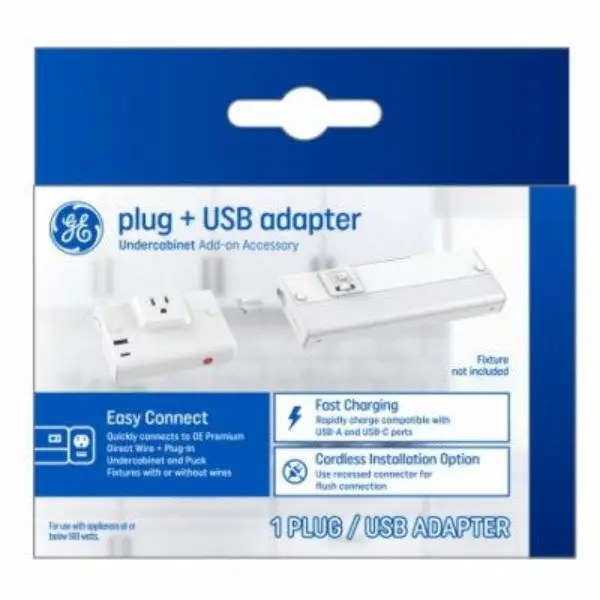 GE Lighting Plug-Plus Plastic USB-A Adapter Charger Kit - Easy Connect Cordless Accessory for Premium Direct Wire/Flush Mount Light Fixtures, 500W or Below Power Outlet Appliances, Mobile Devices Charging