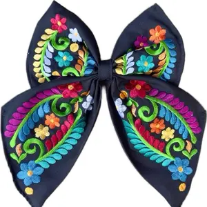 Embroidered Mexican Hair Bows Floral Design - Moños Bordados Tamaño Mediano 10” Long Colorful Embroidery Stylish Hair Accessories Made in Mexico