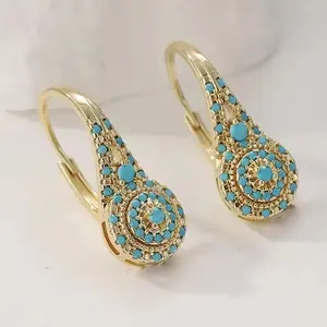 Women's Elegant Synthetic Turquoise Teardrop Dangle Earrings KC Golden Plated Statement Jewelry for Everyday Formal Events Valentine's Gift Affordable Luxury Sophisticated Style Intricate Detailing