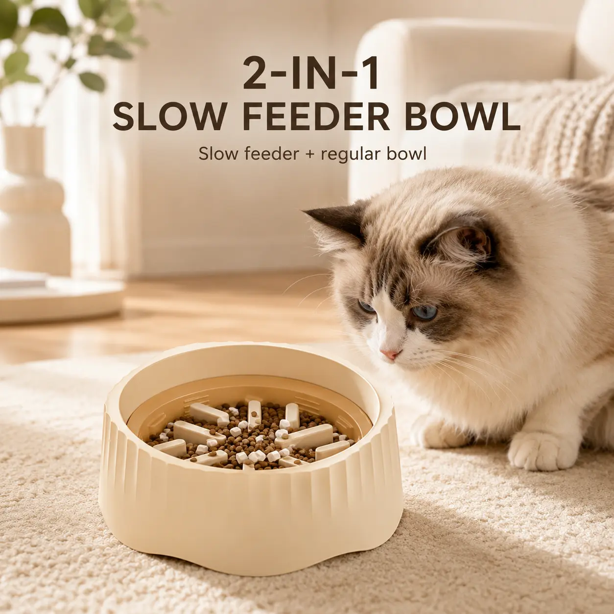 2-in-1 Cat Slow Feeder Food Bowl with Removable Maze Insert, Non-Slip Base, Ribbed Walls, Easy-Clean Design for Slower Eating Dry Food – Suitable for Indoor Cats in Kitchens, Living Rooms, Treats, Food Bowls