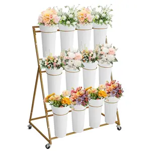 Garvee 3 Tier Flower Display Stand with 12 Round Buckets and Wheels - Mobile Flower Cart for Garden, Wedding, and Flower Shop Use in Elegant Gold Finish