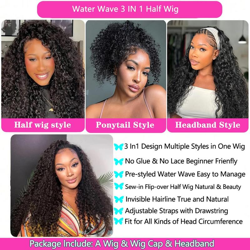 [3 IN 1 ] Deep Wave Half Human Hair Wig With Elastic Drawstring Brazilian Wear And Go Deep Wave Half Wigs  Seamless Flip Over With Adjustable For Women 180Density
