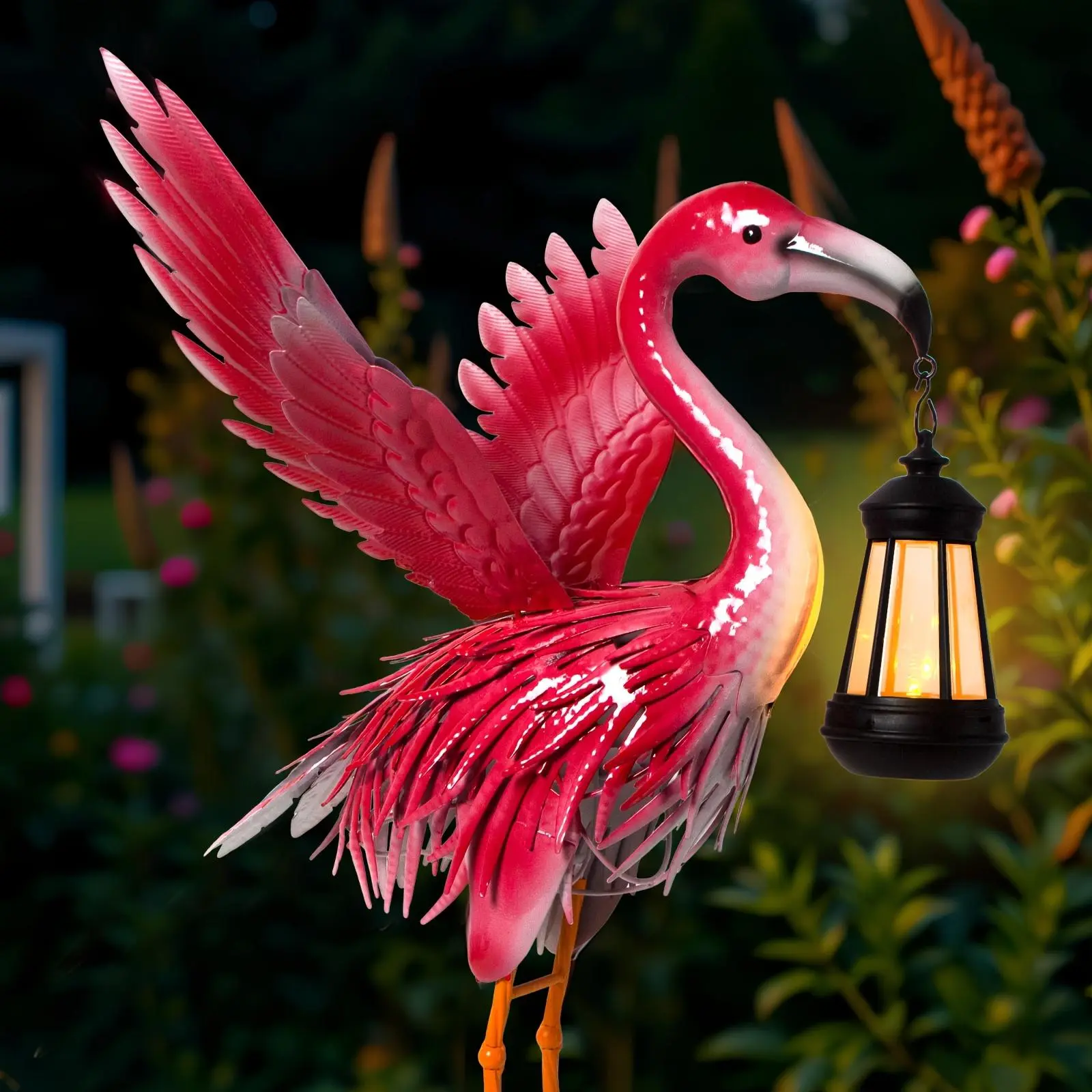 Art Deco Solar Powered Flamingo Statue with Lantern, Metal Animal Sculpture, Outdoor Decor, Floor-Mounted, Removable PV, Garden Patio Ornament, Mother's Day Gift sohochic