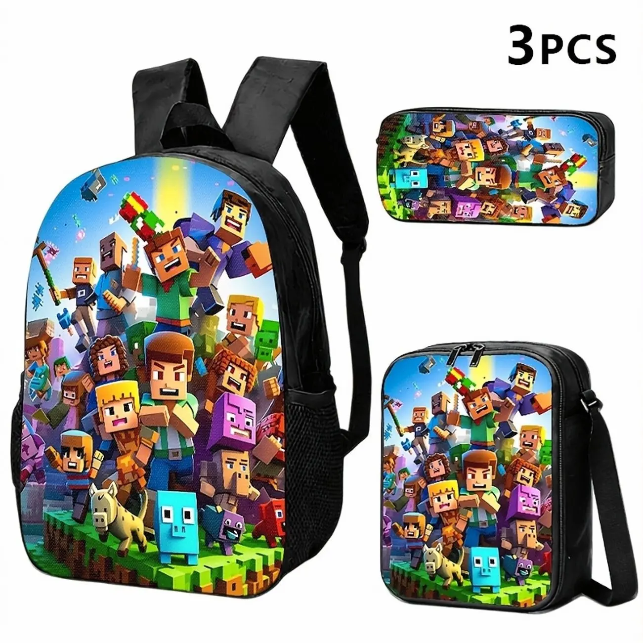 Pixel Art Backpack Set, 1/2/3-Piece Gaming Style Backpack with Shoulder Bag & Storage Pouch, 2D Design for Travel