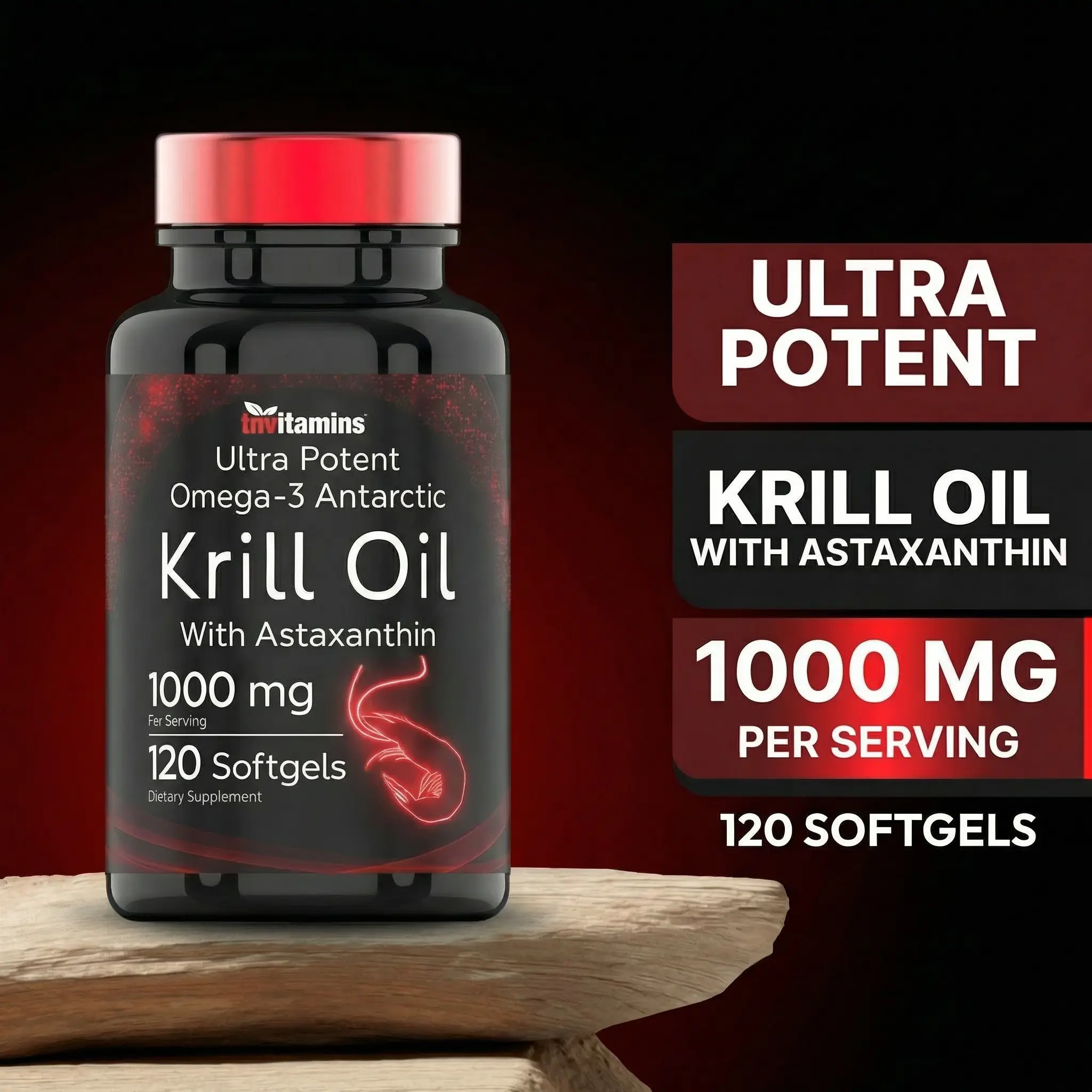 Antarctic Krill Oil 1000mg - 120 Softgels with Astaxanthin | 1000mg Red Krill Oil, 200 mg Phospholipids, 120 mg EPA, 80 mg DHA, 200 mcg Astaxanthin | Potent & Pure Omega-3 Cold Water Antarctic Krill
