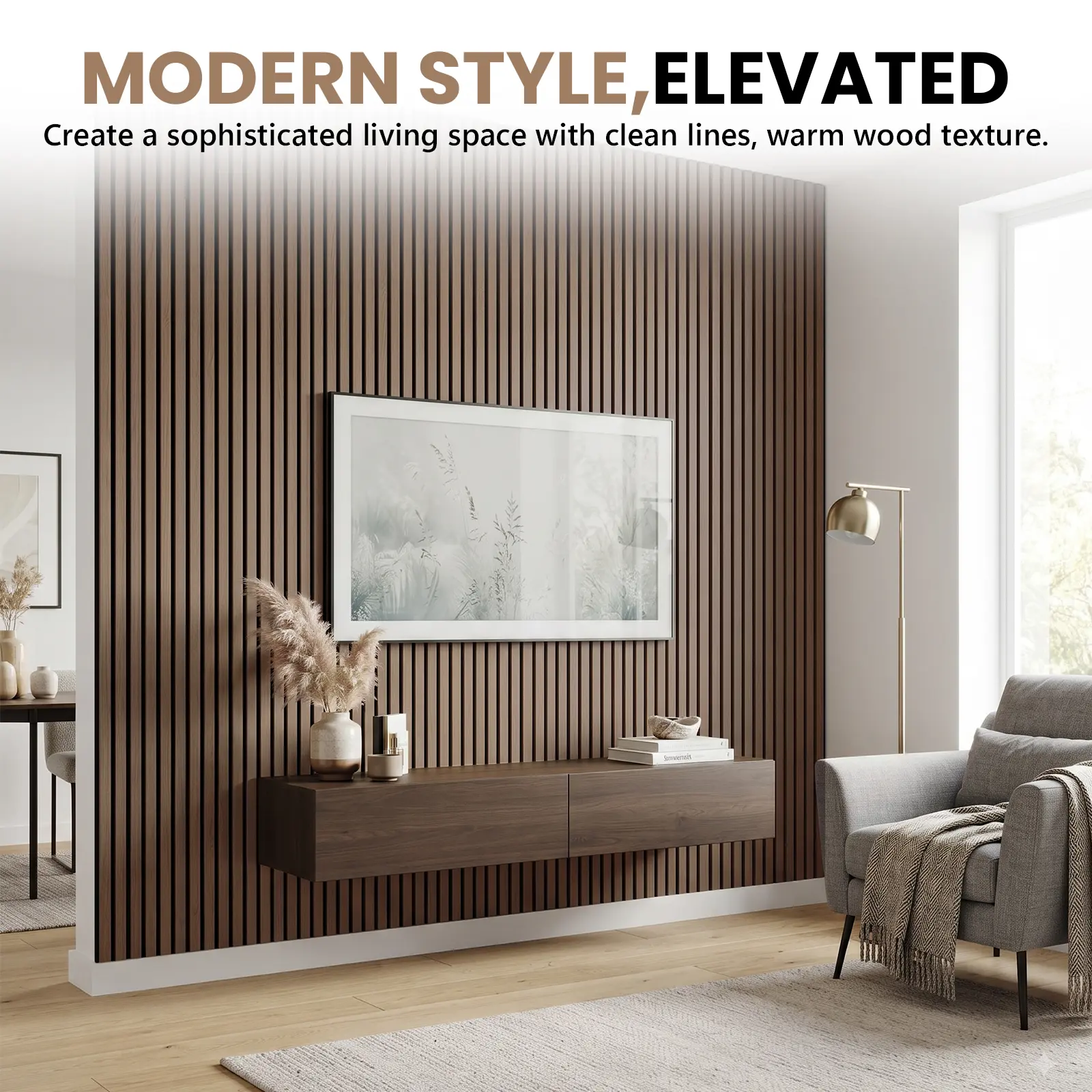 LooYee Walnut/Teak 6 Pack Acoustic sound absorption Wood Slat Wall Panels 94.5x9x0.8 Inch