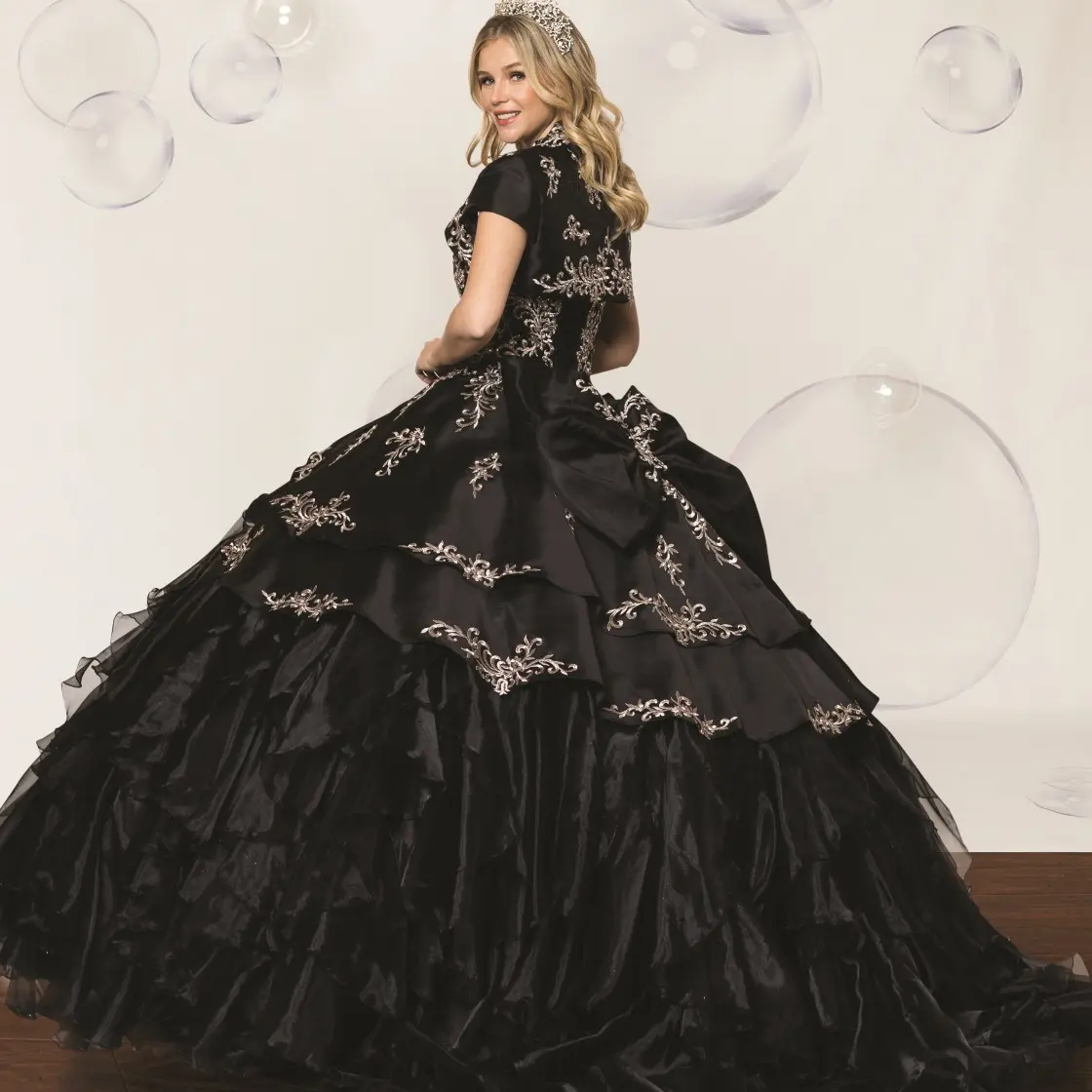 Women's No.18 Satin Full-Length Ball Gown Quinceanera Dress - Layered Flounced Design, Formal Elegant Statement Piece, Black Chic Outfit for 15th Birthday Celebration, Watch Party