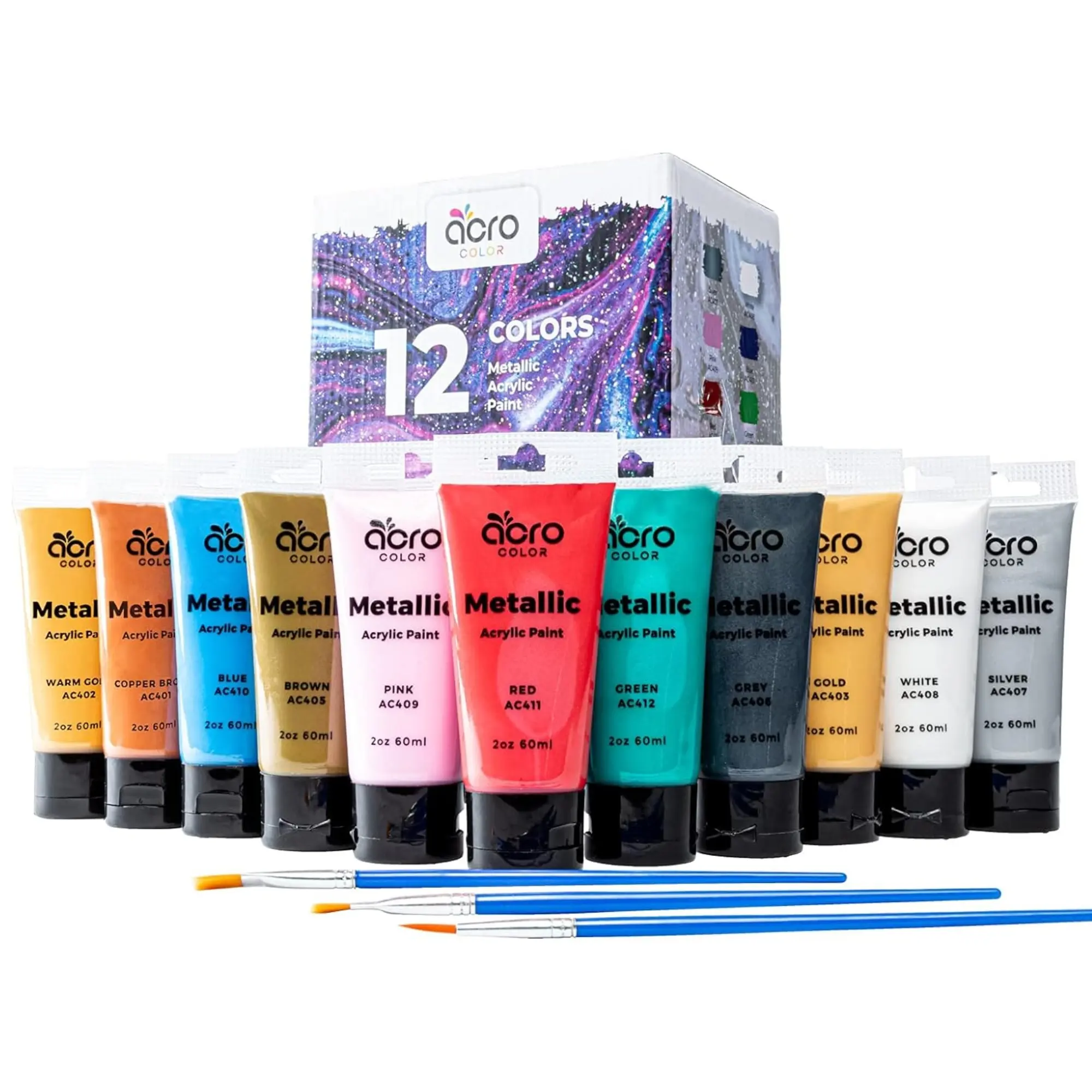 Metallic Acrylic Paint Set - 12 Colors Highly Pigmented Metallic Paint for Artists of All Levels - Great for Wood, Fabric, Canvas and More - 2 oz Tubes