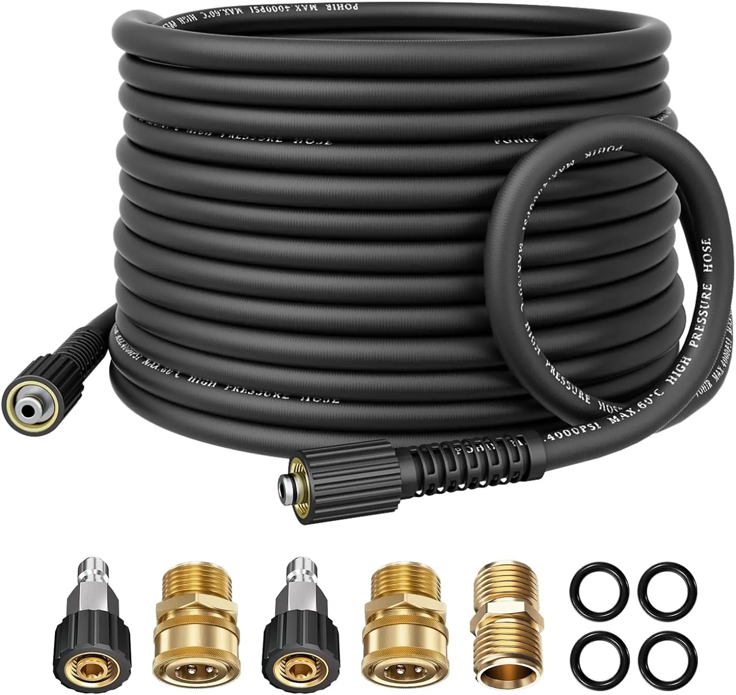 POHIR Pressure Washer Hose 50FT*1/4 with Quick Connect, Reduced Kinking 4000 PSI MAX Power Washer Hose M22 14/15mm Thread Compatible, Flexible Extension Hose for Heavy Duty Cleaning Jobs Multifunctional Water Male