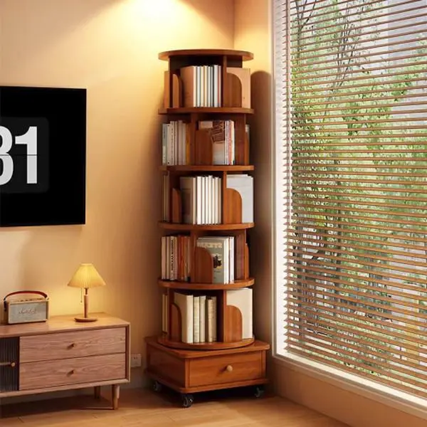 Bellemave Upgraded Rotating Bookshelf 360 Display Corner Bookshelf for Small Space 5-6 Tier Wood Narrow Organizer with Wheels Walnut Brown Home Office Furniture Desk