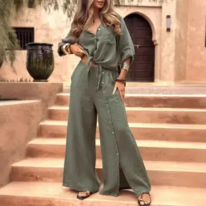 2025 New Cotton And Linen Long-Sleeve Shirt And Button Wide-Leg Pants Two-Piece Set