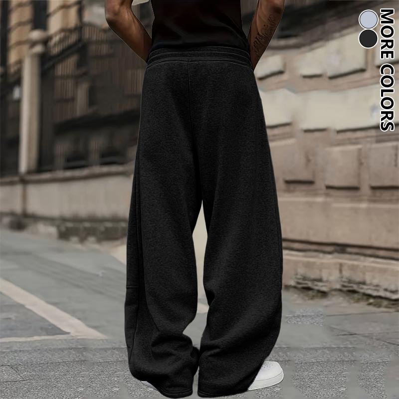 Men's Unisex Wide Leg Jogger Pants, Loose Fit Breathable Polyester Casual Pants with Drawstring, Solid Color Patchwork Pants for Daily Activities, Work, Outdoor Travel & Fitness