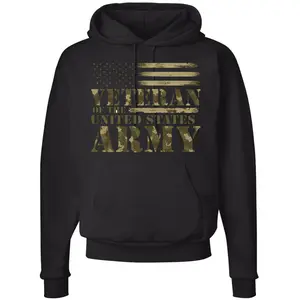 Veteran of the United States Army Hoodie Patriotic Military Camo Graphic Pullover Sweatshirt for Men & Women, Black