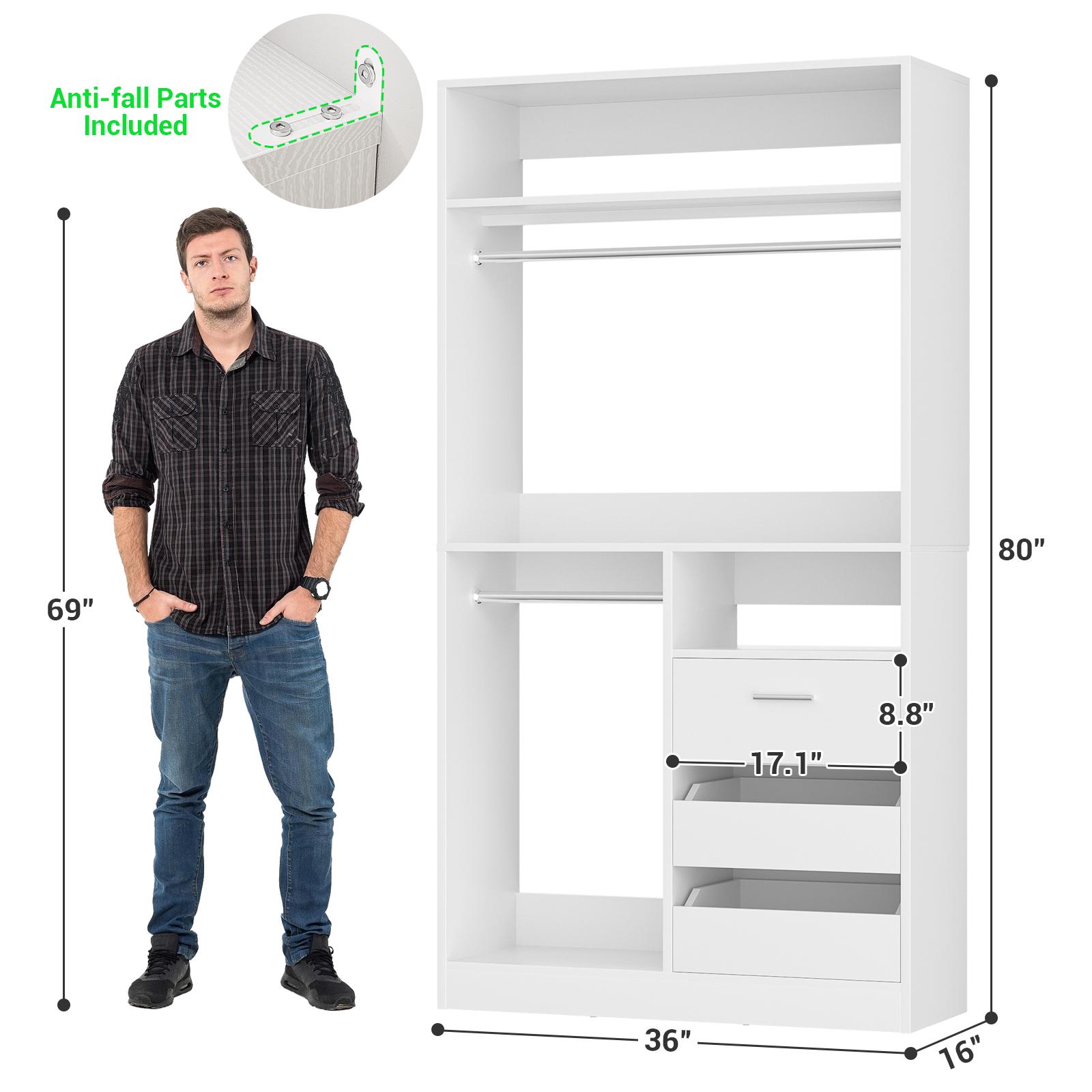 Unikito 36''-108'' W Closet System with Wooden Drawers and Hanging Rods,Sturdy Freestanding Walk-in Closet Organizer System Wardrobe Rack with Storage Shelves