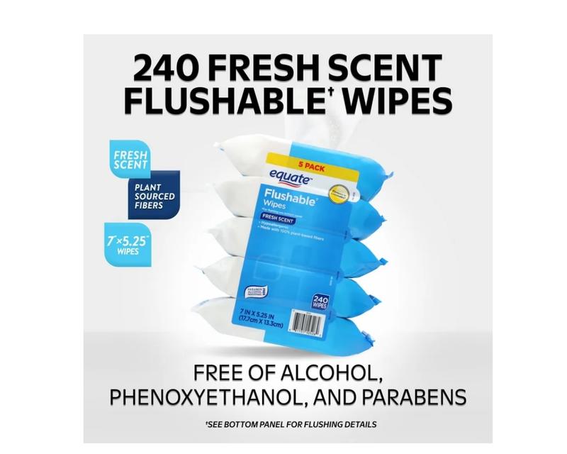 Equate Flushable Wet Wipes, Fresh Scent, 240 Wipes (5 Pack), Compare to Cottonelle