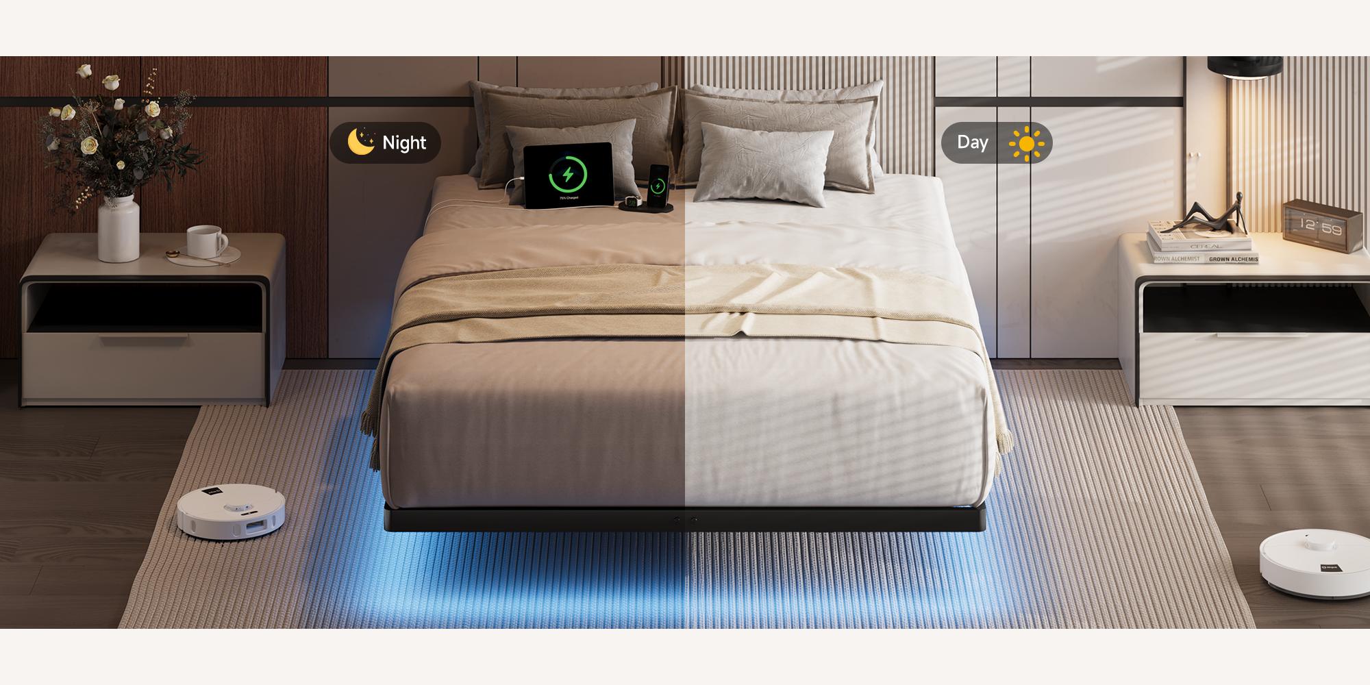 【SPOTLIGHT DAY】ONBRILL LED Floating Bed Frame, Full/Twin/Queen/King Bed Frame with Smart LED Lights & Power Outlet, Heavy Duty Metal Platform Bed Frame, Camas Queen, Easy Assembly, Bedroom Furniture, Black